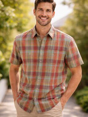 Haupt Germany Plaid Shirt Men M Short Sleeve Cotton Euro Casual